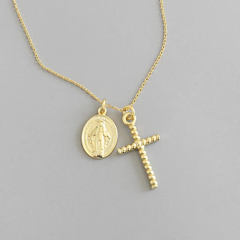 

Religious 100% 925 sterling silver twist cross necklaces for women, New gold color Virgin Mary pendant necklace woman jewelry