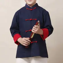 Детская Хлопковая одежда красного и синего цвета для мальчиков и девочек весенне-осенние традиционные костюмы в китайском стиле для детей куртка, пальто для боевых искусств кунг-фу