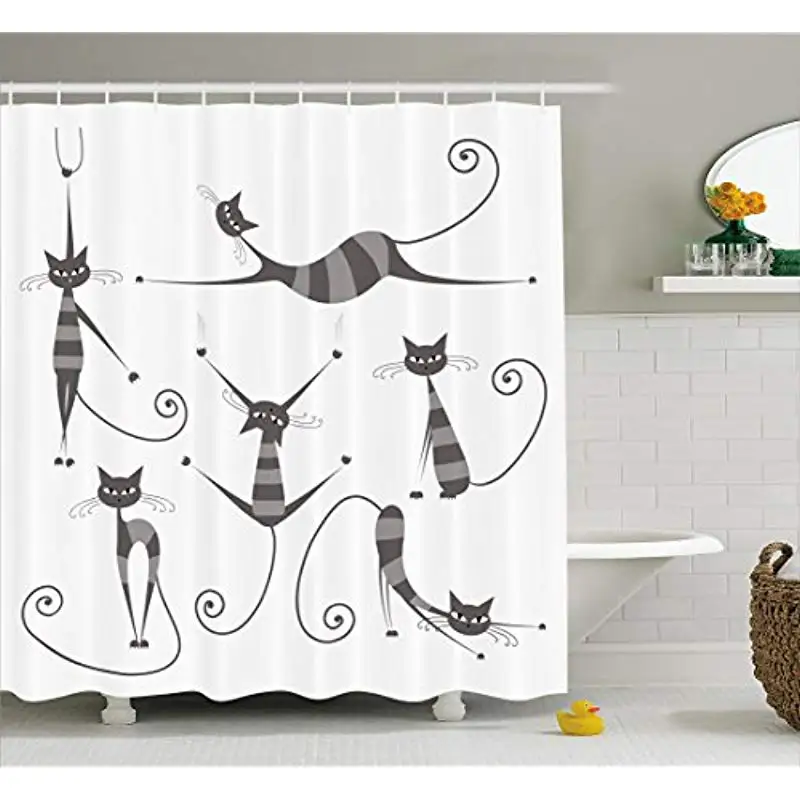 

Vixm Furry Skinny Striped Cats in Several Funny Body Postures Whiskers Feline Paws Art Fabric Shower Curtains
