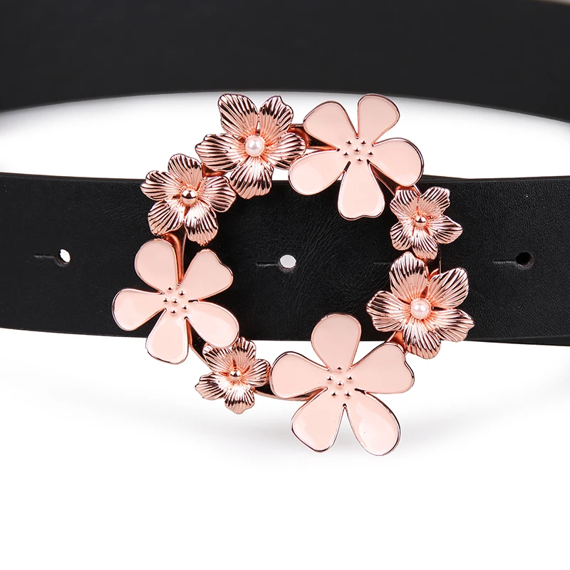 

Angry Snake Fashion Women Belt Pink Flower Pearl Buckle Classical Beautiful Belt Sweet Black High-grace Cute Female Belt