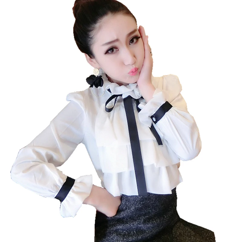 Harajuku New Spring Summer Blouse Women Long Sleeve Shirts Fashion Leisure Chiffon Shirt Bow Office Ladies Stand White Tops 3
