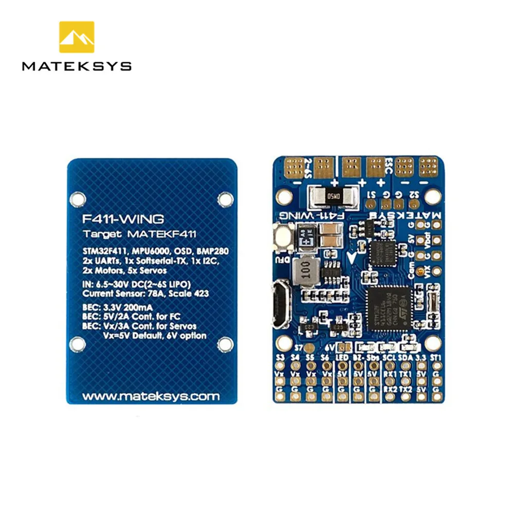 

Matek MATEKSYS F411-WING F411 F4 Flight Controller STM32F411 MPU6000 INAVOSD BMP280 2 UARTs I2C Current Sensor on Boad