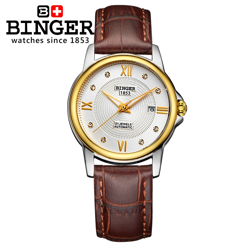 Hot Fashion Binger Original Top Brand Women Dress Luxury Automatic Mechanical Watch Self-Wind Leather relogio montre femme