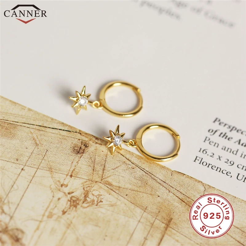 CANNER Gold Color Small Hoop Earrings for Women Girls 925 Silver Mini Circle Earrings Jewelry Zircon Star Earings H50