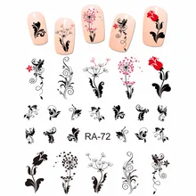 Искусство ногтей Красота воды Наклейка слайдер черный красный цветок цветочные розы Одуванчик Винтаж вихревой узор RA067-072
