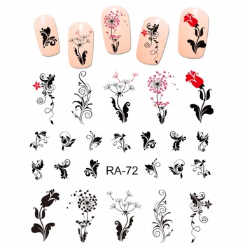 

NAIL ART BEAUTY WATER STICKER DECAL SLIDER BLACK RED FLOWER FLORAL ROSE DANDELION VINTAGE SWIRL PATTERN RA067-072