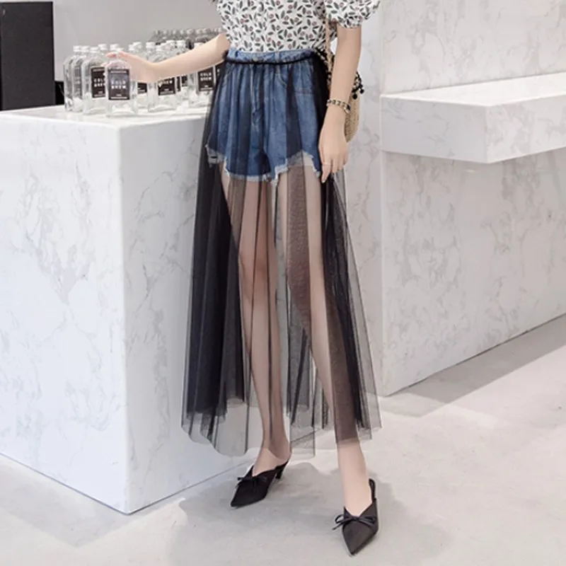 

PLAMTEE Summer Women's Denim Shorts Sexy A-line Short Pants Mesh Two-piece Suit Plus Size High Waist Jean Shorts