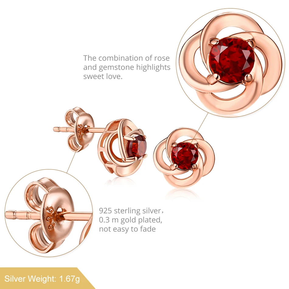 ALLNOEL 925 Sterling Silver Stud Earrings For Women Rose Gold  Natural Garnet Stone Ear Stud Female Fashion Wedding Jewelry   (7)