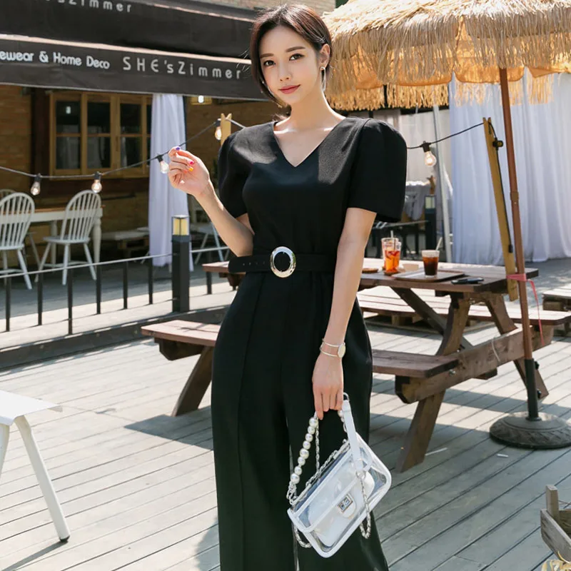 

Vintage V-neck Belted Waist Black Jumpsuits Women 2019 Elegant Wide Leg Long Playsuits Casual Work Wear Rompers