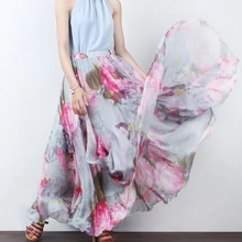 Spring Summer High Waist Chiffon Big Swing Skirt Floor Length Vacation Bohemian Print A-line Skirt XHSD-3087