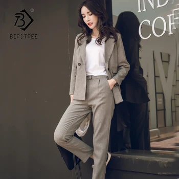 

Women Casual 2 Piece Sets Gray Blazer Pant Suits High Waist Pant Office Lady Notched Jacket Korean Lady suit Femme S86212F