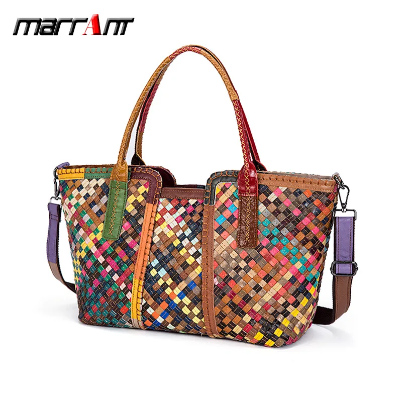 

2019 New Design Colorful Tote Bag Handbag Genuine Cowhide Leather Big Capacity Shoulder Messenger Real Natural Cow Skin Knitting