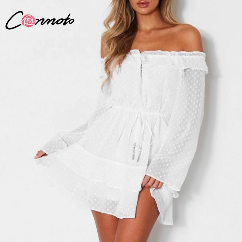 

Conmoto Off Shoulder Tassle Ruffle Dress Women White Chiffon Polka Dot Vintage Short Dress Autumn Casual Mini Dress Vestidos