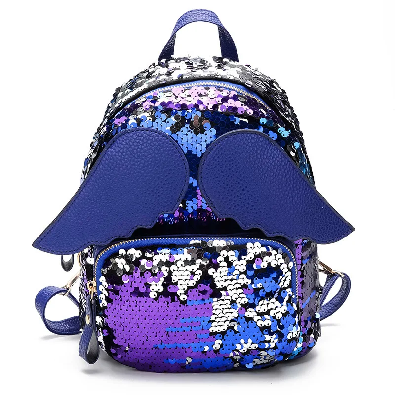 

PU Leather wings Sequins Backpack Girls Small Travel Princess Bling Backpacks mochila feminina New Arrival Women All-match Bag