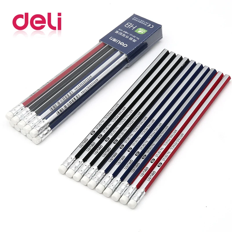 

Deli 10pcs/pack HB hexagonal pencil set with eraser Student child study test Hexagonal pole writing pencil Student stationery