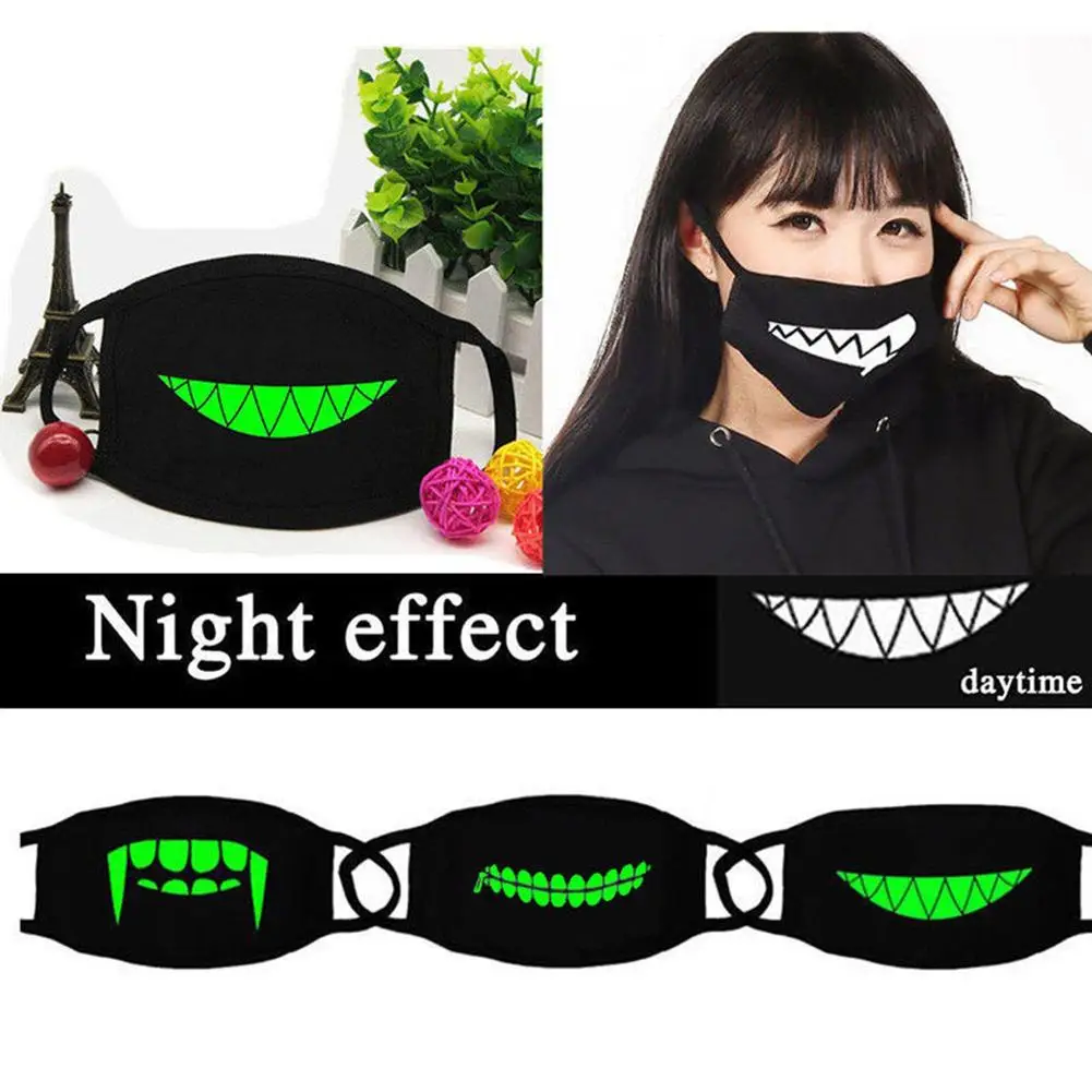 

Halloween Punk Fangs Funny Teeth Pattern Soft Breathable Cotton Fluorescent Green Luminous Mask Winter Unisex Mouth-muffle