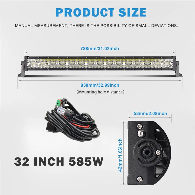 CO светильник 7D 390 Вт 585 780 Вт 3 ряда светодиодный светильник бар 2" диаметр 32*42* комбинированного луча внедорожный светодиодный рабочий светильник для Jeep Грузовик ATV внедорожник 4x4 12V 24V - Цвет: 32inch 585W with DT