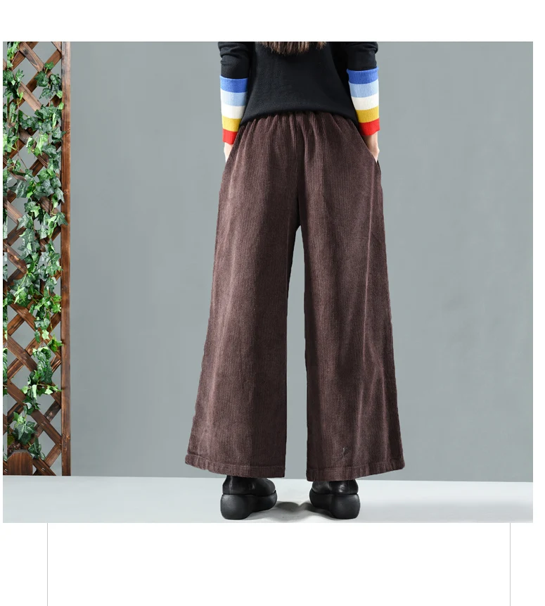 Зимние штаны, Ретро стиль, женские свободные вельветовые брюки, эластичная резинка на талии, с карманами, одноцветные, Mori girl, смешанные, женские повседневные штаны