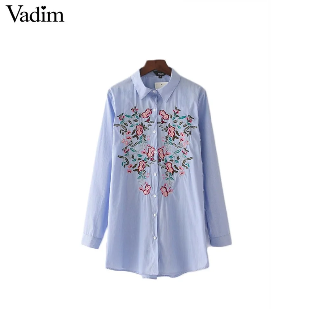 

Vadim women elegant floral embroidery striped long shirts pleated long sleeve blouse ladies summer casual brand tops LT1907
