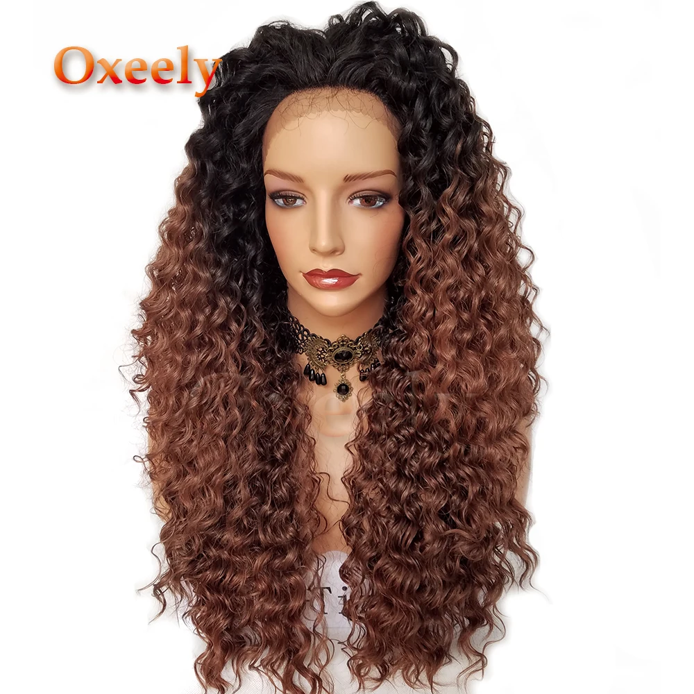 

Oxeely Kinky Curl Synthetic Lace Front Wigs Ombre Hair #30 Hair Color Black Roots Heat Resisitant Natural Baby Hair