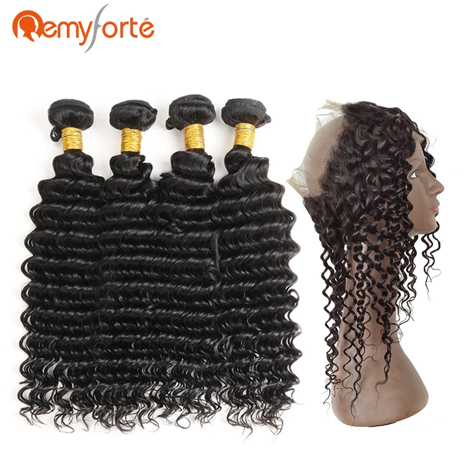 

Remy Forte Hair Extension Deep Wave Bundles With 360 Frontal Human Hair Weave Malaysian Deep 4 Bundles With Frontal Closure