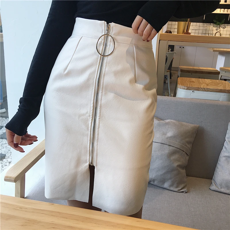 

GRUIICEEN autumn winter pu leather skirt above the knee high waist slim pencil skirts women GY2018340