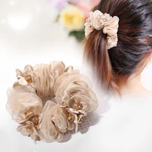 Модная шифоновая эластичная лента для волос с искусственным цветком из кристаллов для девочек и женщин, двухслойная пряжа для волос, красивые аксессуары для конского хвоста