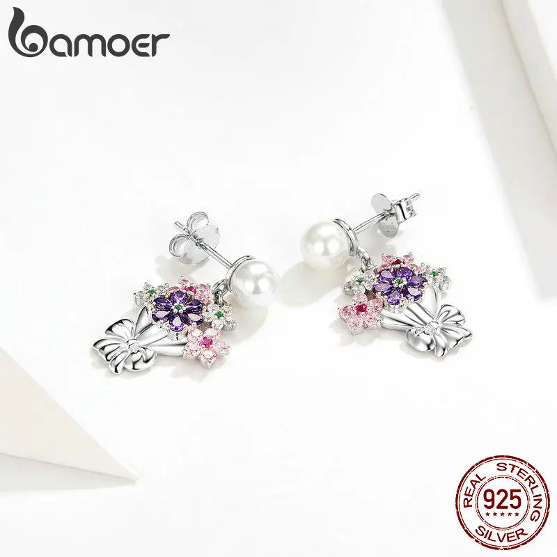 Tanie Bamoer bukiet kwiatów Dangle kolczyki dla kobiet biżuteria ślubna 925 srebro srebrno biały perłowy orki oryginalny Design BSE152