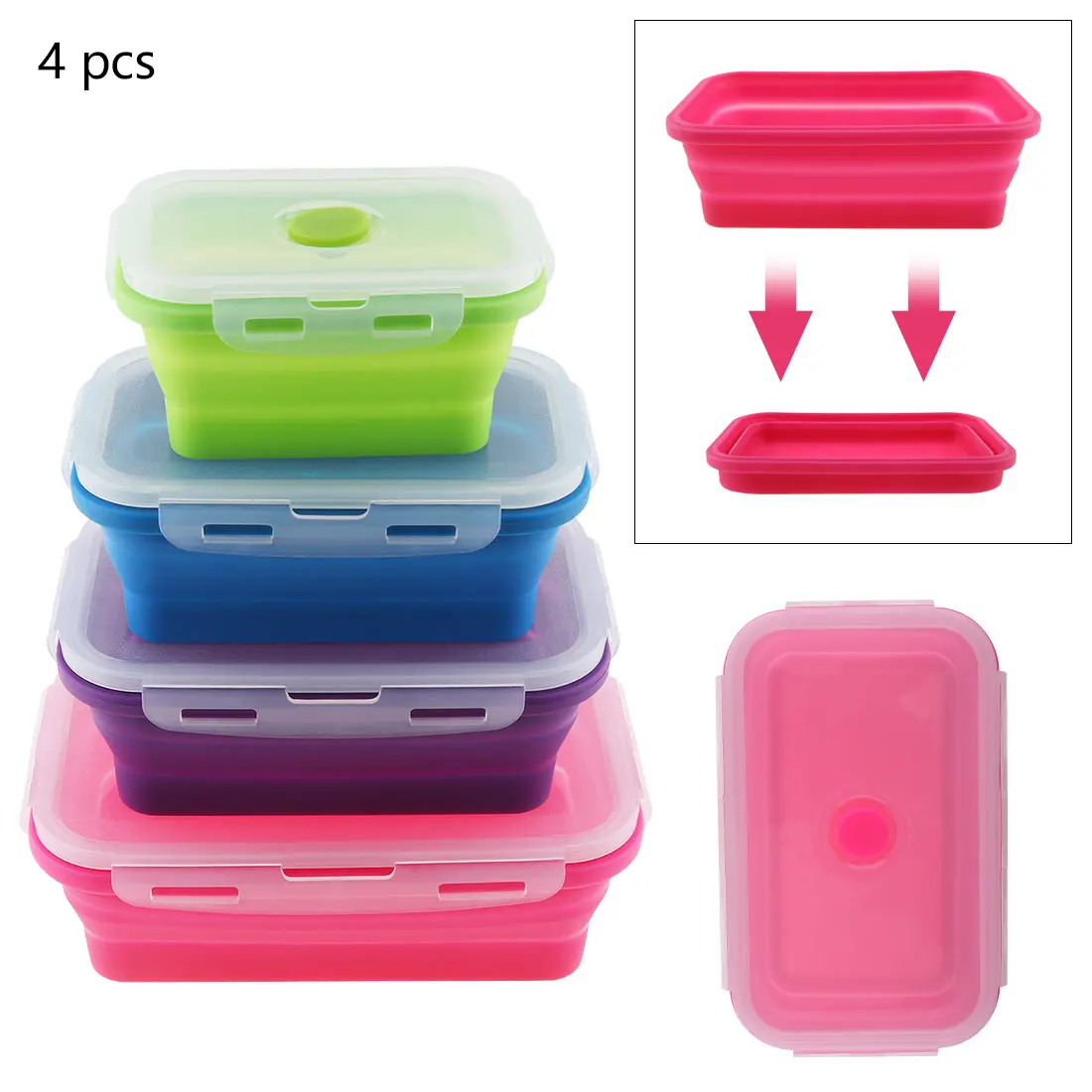 

4pcs Portable Rectangle Silicone Lunchbox Scalable Folding Bento Box Eco-Friendly Food Container Fresh Fruit Container