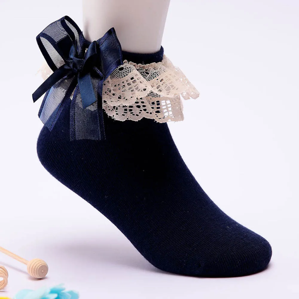 Детские носки для девочек, кружевные хлопковые носки-тапочки с бантом для маленьких девочек 24 мес.-12 лет, детские носки, носки принцессы, всесезонные 1030