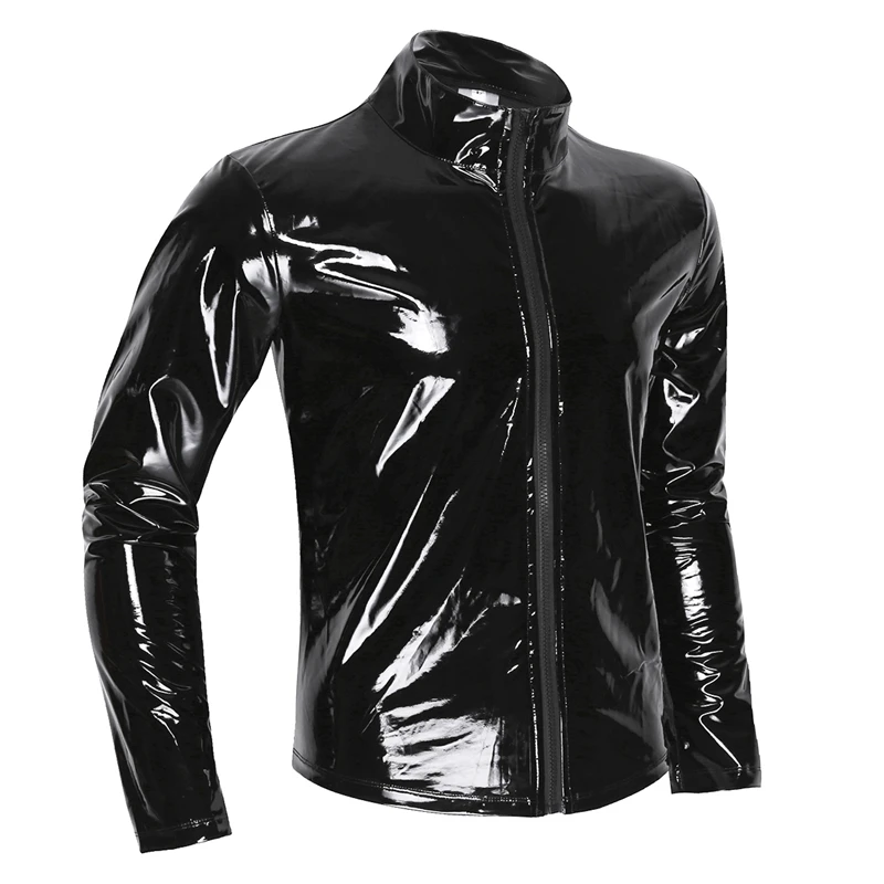 YiZYiF Men Shiny Metallic Front-Zip Stand Collar Tops Wet Look Sexy Patent Leather Nightclub Style Long Sleeve Tops For Men motorcycle leather jackets