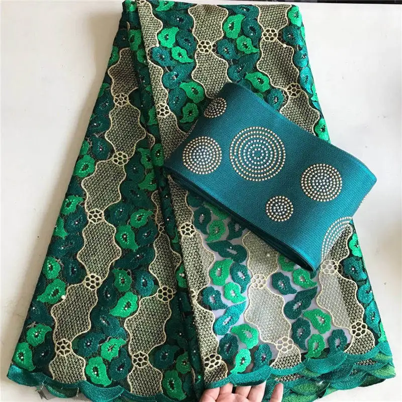 

Teal Green Color African French Lace Fabric With Aso Oke Gele Headtie Nigerian Hot Selling Stones Tulle Net Lace Fabric 30