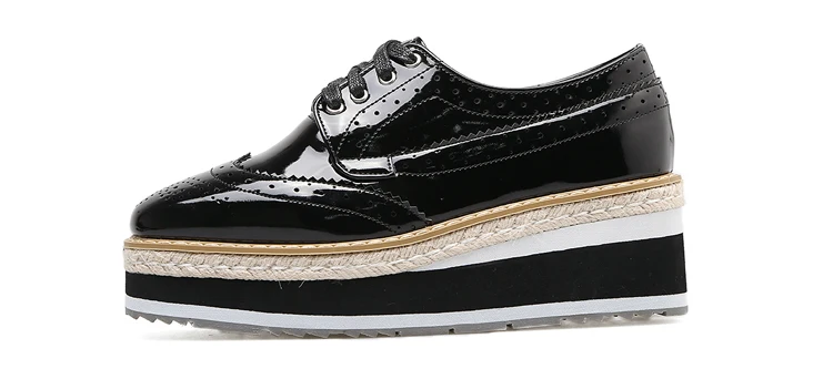Women Platform Oxfords Brogue Flats Shoes Patent Leather Lace Up Square Toe Brand Female Footwear Shoes For Women Creepers Black (3)