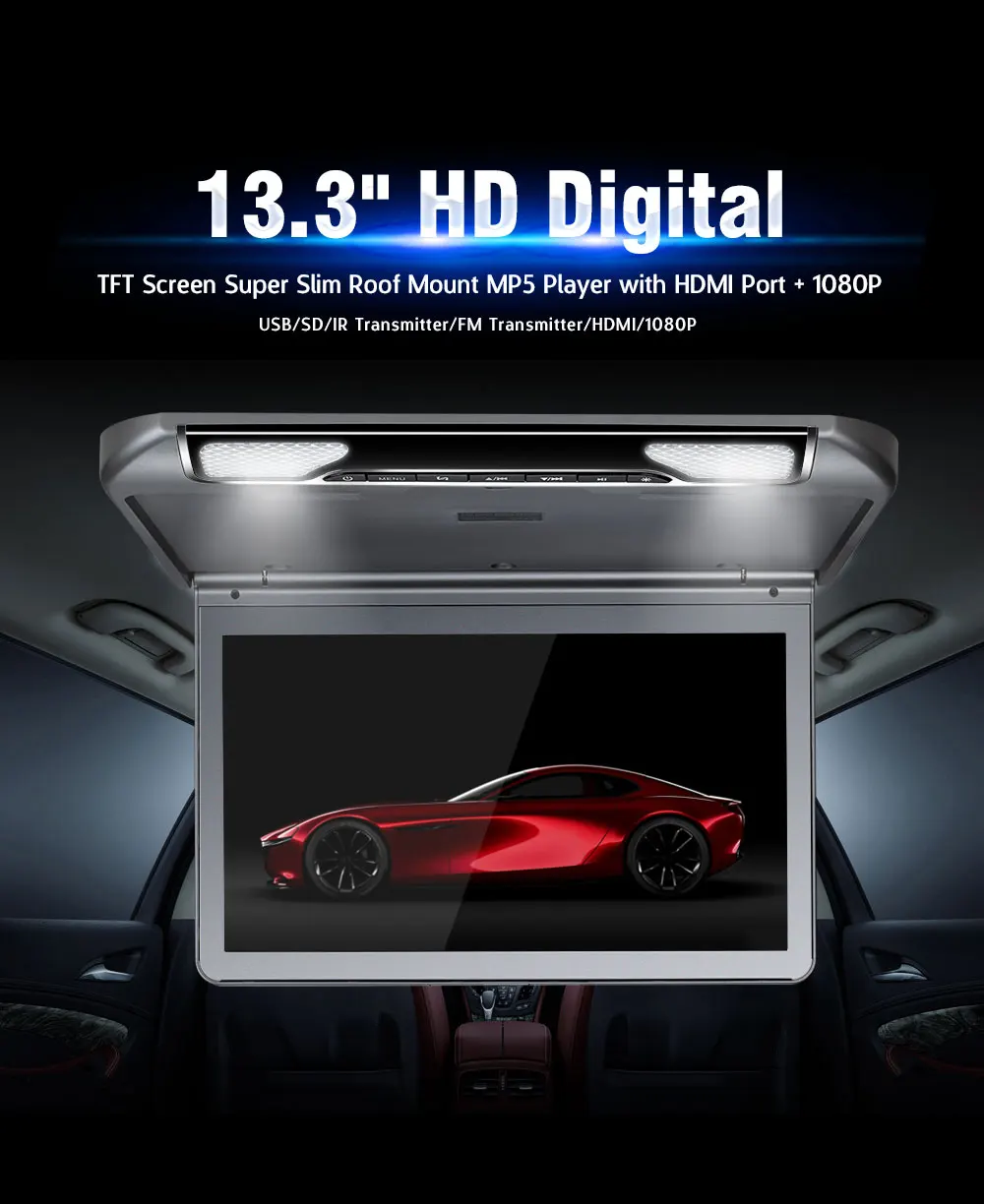 13.3 Inch Ceiling TV Full HD 1920*1080 Flip Down Car Seat Screen Auto DVD Player With HDMI/USB/SD/IR/FM Transmitter MP5 Monitor