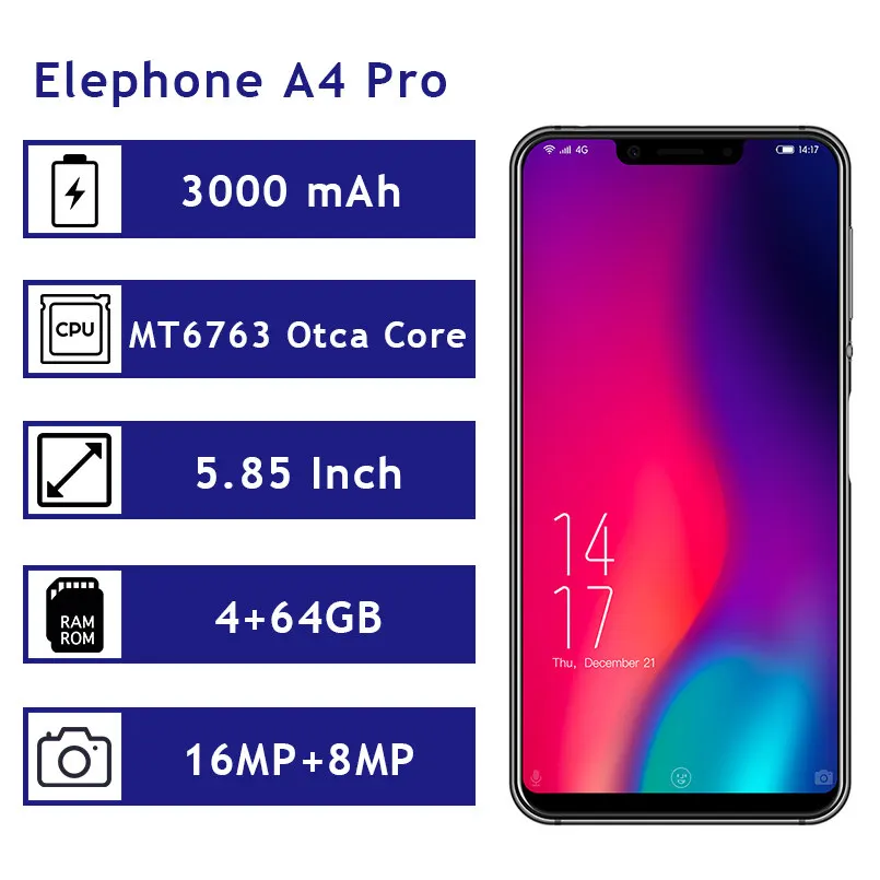 Смартфон Elephone A4 Pro на весь экран 18:9. 9 5,85 дюймов HD MT6763 Восьмиядерный сканер отпечатков пальцев ID 4 Гб+ 64 Гб 3000 мАч 16 Мп Android телефон