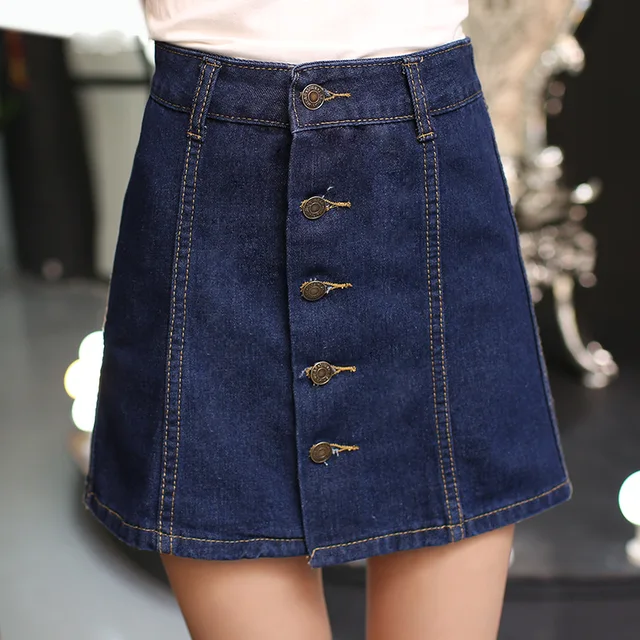 2016 New Summer Style Fashion Vintage Faldas Button Pencil A-line Jeans High Waist Empire Denim Skirt Female Package Hip Skirts