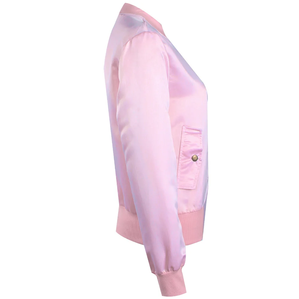 Cute Girls Pink Zipper Bomber Jacket Women Basic Coats Ladies Satin Winter Coat Top Long Sleeve Stretchy Surcoat Outwear S-XXL