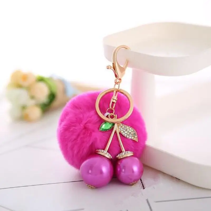 1pc Soft Cherry Plush Keychain Candy Color Ball Keyring DIY Handbag Charm Pendant Key Holder Chain For Kid Toys Gift AAA0282
