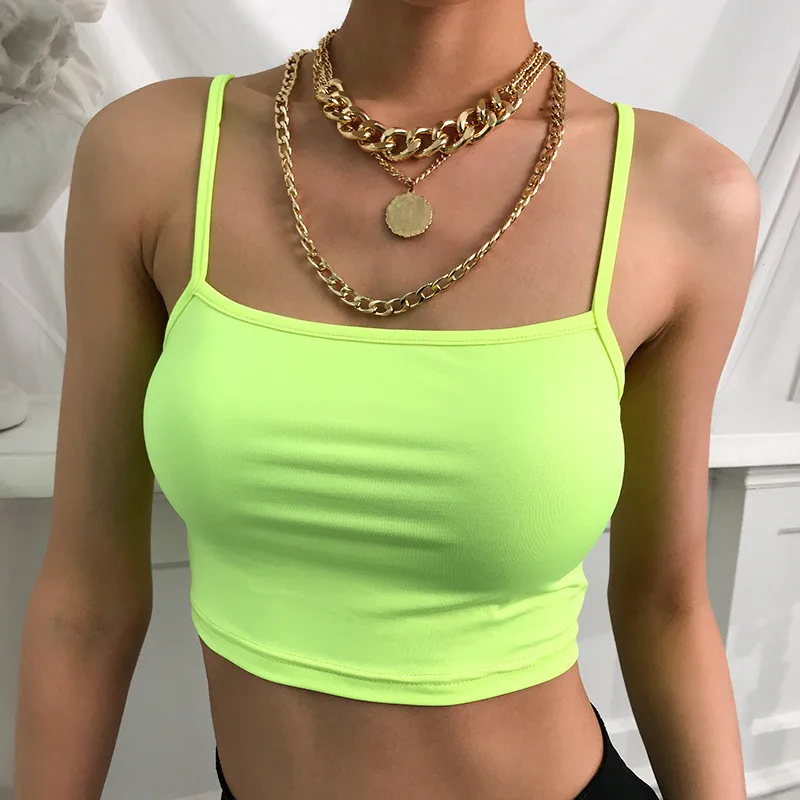 

Women's Shirt Camis Solid Fluorescent Tight Short Paragraph Navel Strap T-shirt Female Word Collar Slim Sexy Stitching T-shirt