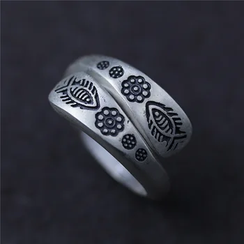 

C&R Pure 990 Sterling Silver Rings for Women Vintage Ethnic Handmade Carved Fish Patterns Female Adjustable Fine Jewelry