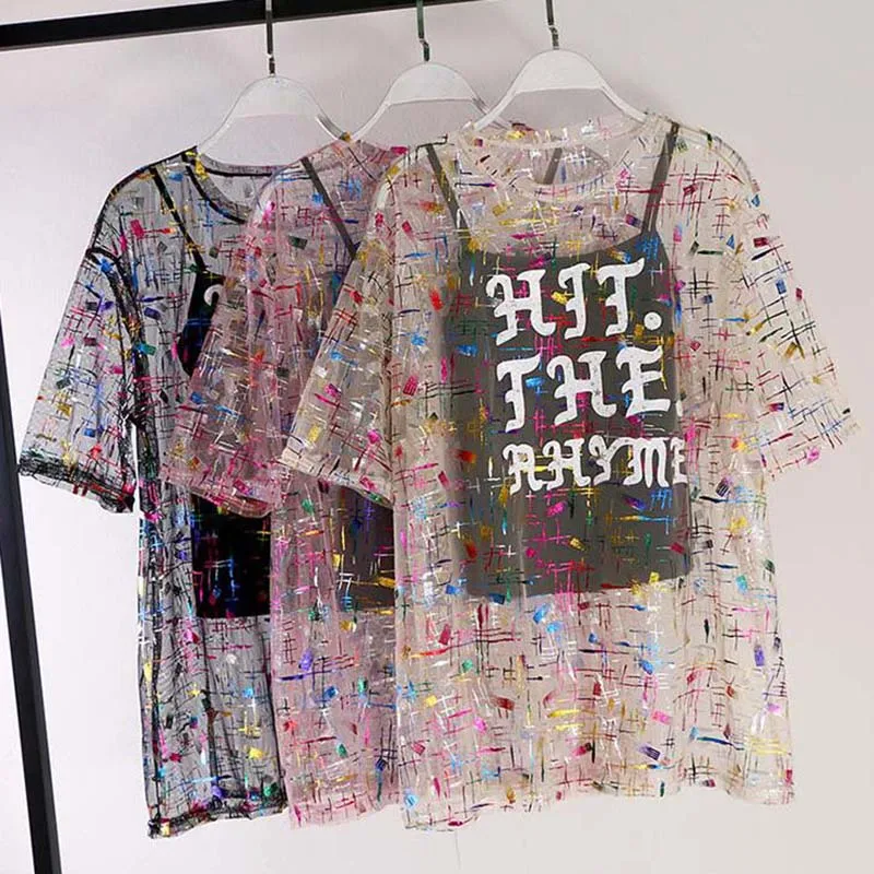

2019 Summer Short Sleeve Shirt Sexy T-shirt Mesh Vintage Transparent Print T Shirt Club Fashion New Blusas Loose Top + Sling C52