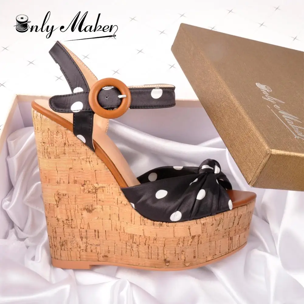 Onlymaker Womens Polka Dot Ankle Strap Wedge Platform Sandals Open Toe Wood Heel 