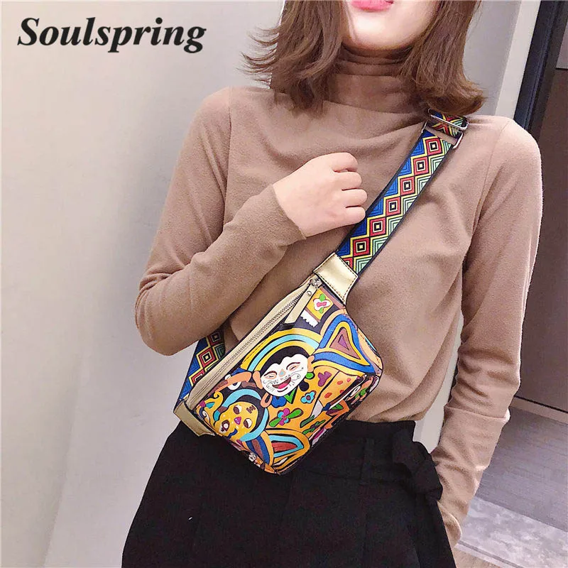 

New Retro PU Waist Packs Colorful Graffati Women Casual Sports Messenger Bag Chest Bags Street Wear Eye-Catching Shopping Bag