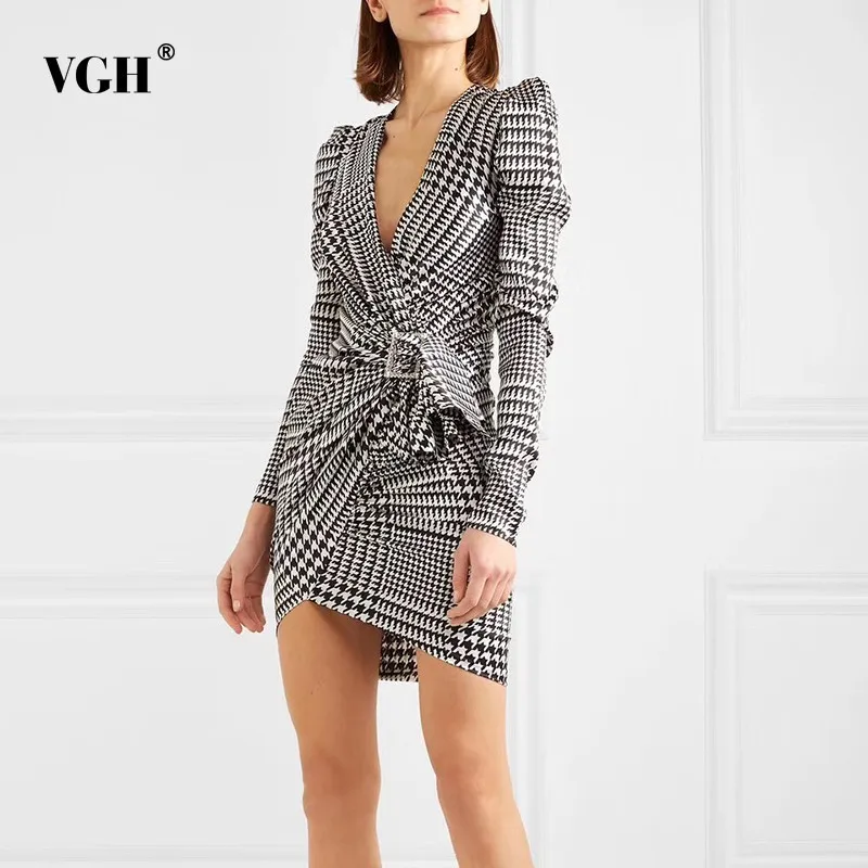 

VGH Korean Summer Plaid Mini Dress For Women V Neck Long Sleeve Bandage High Waist A Line Dresses Female Fashion New Tide 2019