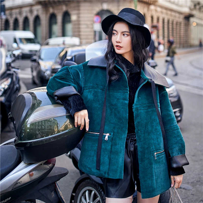 Women winter faux leather suede two sides reversible wear punk street jacket casual oversize warm bomber motorcycle jacket coat