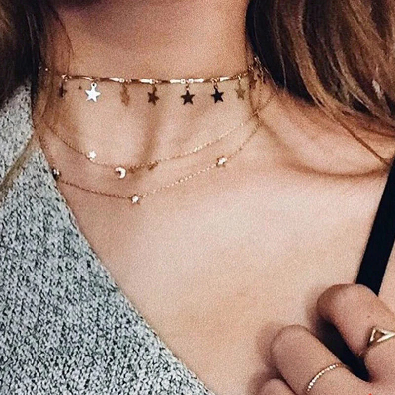 

Dainty Gold Color Chain Tiny Star Choker Necklace for Women Bijou Necklaces Pendants Simple Boho Layering Chokers Chockers XL796