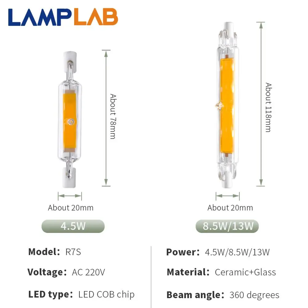 Светодиодный светильник R7s COB AC 220 В 240 В 78 мм 118 мм со стеклянной трубкой, замена галогенной лампы, энергосберегающий светильник J78 J118 5 Вт 9 Вт 13 Вт