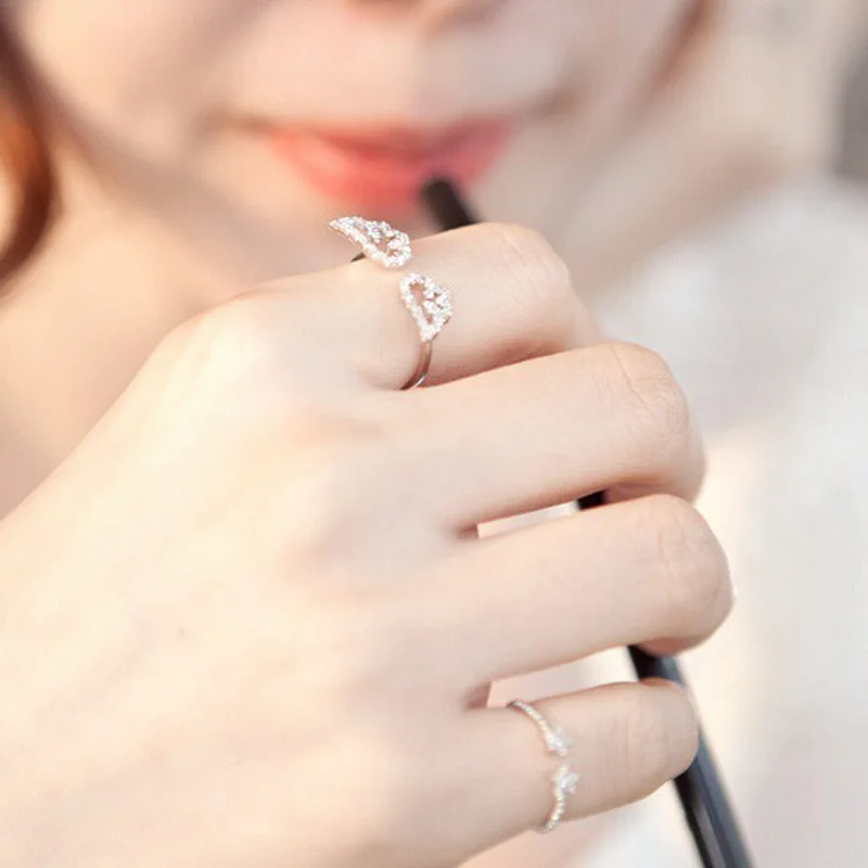 Серебряное кольцо с крыльями ангела, регулируемые микро кольца с цирконием для женщин, модные кольца, ювелирные изделия, женские подарки