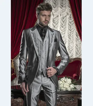 Skup Najnowszy Haft Groomsmen Szczyt Lapel Groom Smokingi Błyszczący Szary Mężczyźni Garnitury ślubne/Prom Najlepszy Męski Blezer (kurtka + Spodnie + Kamizelka) C3