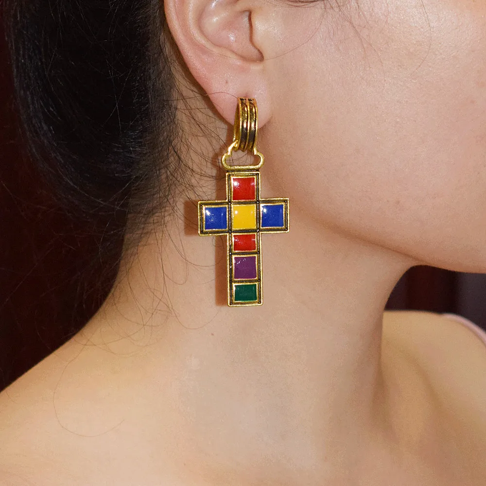 

New Arrival Vintage Alloy Enamel Cross Dangle Drop Earrings For Women Fashion Jewelry Brand Show Statement Earrings Accessories